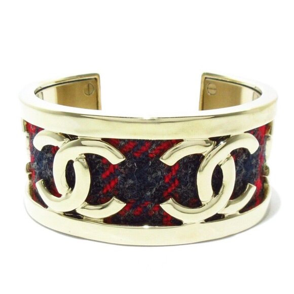 Auth CHANEL - AB9487 Red Black Silver Tweeds Hardware Bangle - Picture 1 of 7